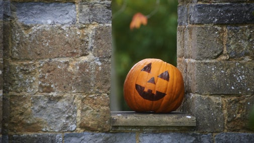 Carved pumpkin on a wall.